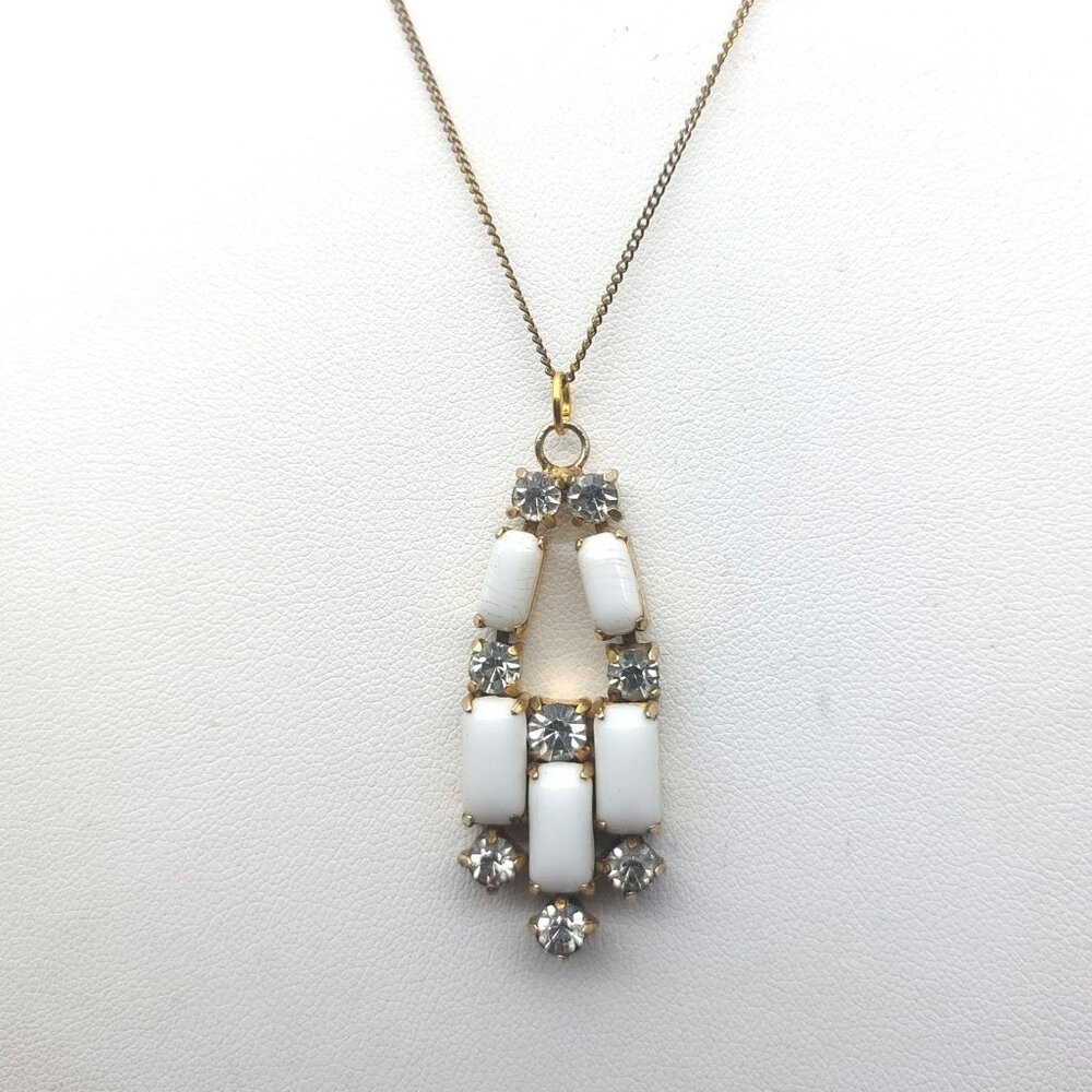 Vintage Speidel GF Chain Necklace With White Milk Glass & Rhinestone Pendant